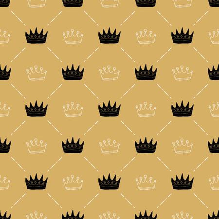 Crown Seamless Pattern, hand drawn royal doodles background, Vector Illustration.のイラスト素材