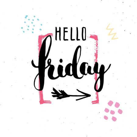 Hello Friday lettering quote, Hand drawn calligraphic sign. Vector illustration.のイラスト素材