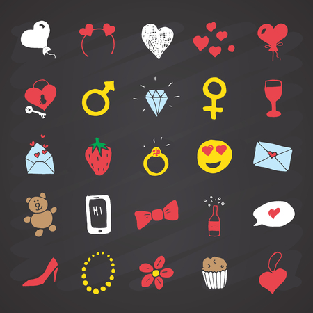 Love and valentine doodle Icons, hand drawn signs set, vector illustration on chalkboard background.のイラスト素材