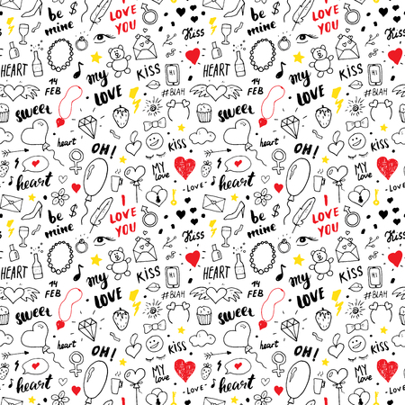 Love and Valentine Day seamless pattern vector illustration. Hand drawn sketched doodle romantic symbols background.のイラスト素材