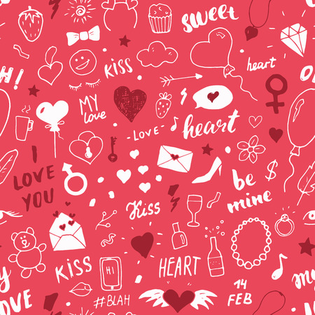 Love and Valentine Day seamless pattern vector illustration. Hand drawn sketched doodle romantic symbols background.のイラスト素材
