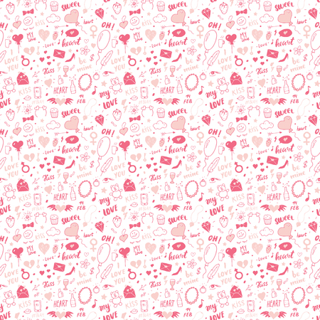Love and Valentine Day seamless pattern vector illustration. Hand drawn sketched doodle romantic symbols background.のイラスト素材
