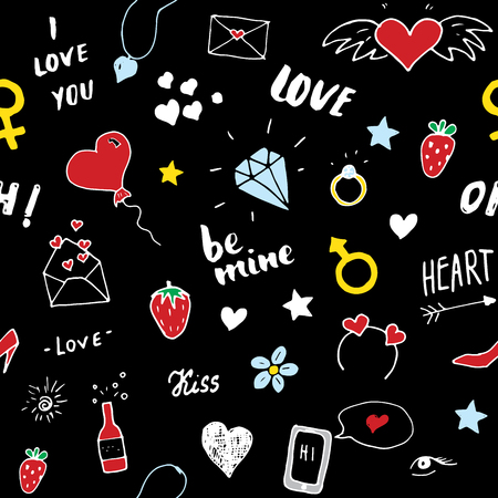 Love and Valentine Day seamless pattern vector illustration. Hand drawn sketched doodle romantic symbols background.のイラスト素材