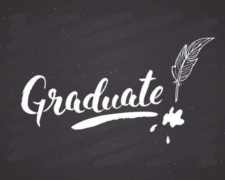 Graduation lettering handwritten sign, Hand drawn grunge calligraphic text. Vector illustration on chalkboard background.のイラスト素材