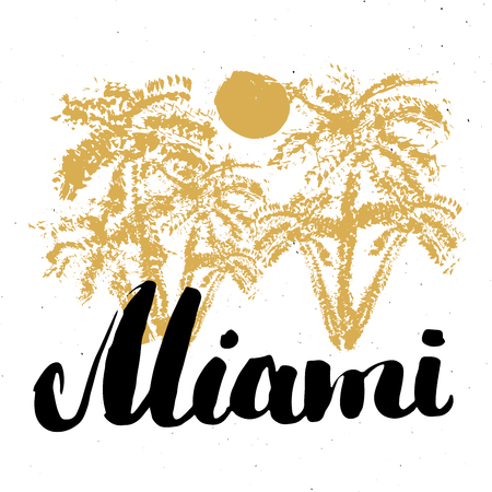 Miami Calligraphy lettering handwritten sign, Hand drawn grunge calligraphic text. Vector illustration .のイラスト素材