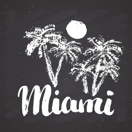 Miami Calligraphy lettering handwritten sign, Hand drawn grunge calligraphic text. Vector illustration on chalkboard background.のイラスト素材