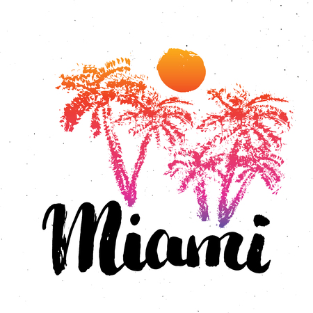 Miami Calligraphy lettering handwritten sign, Hand drawn grunge calligraphic text. Vector illustration .のイラスト素材