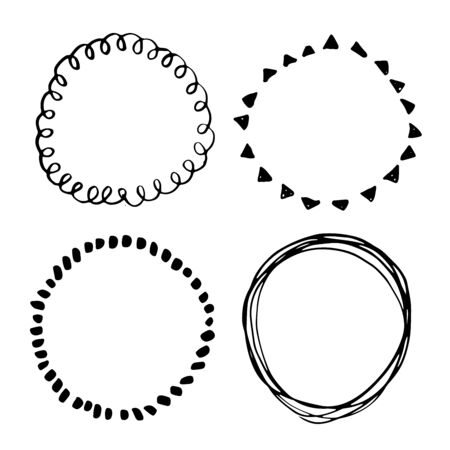 Round Frames, grunge textured hand drawn elements set, vector illustration.のイラスト素材