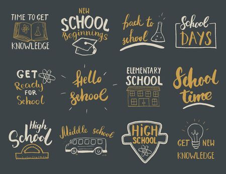 Back to School Calligraphic Letterings Set. Typographic Design. Calligraphy Lettering with School Elements sketch doodles. Hand Drawn Vector illustration.のイラスト素材