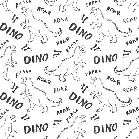 Dino Seamless Pattern, Cute Cartoon Hand Drawn Dinosaurs Doodles Vector Illustration.のイラスト素材