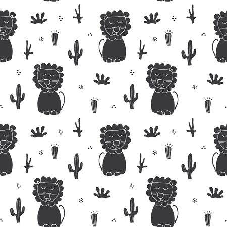 Cute Lion Seamless Pattern, Cartoon Hand Drawn Animal Doodles Vector Illustration Background .のイラスト素材
