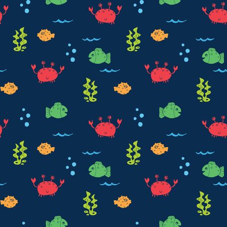 Cute Crab and fishes Seamless Pattern, Cartoon Hand Drawn Animal Doodles Vector Illustration Background .のイラスト素材