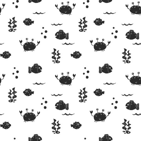 Cute Crab and fishes Seamless Pattern, Cartoon Hand Drawn Animal Doodles Vector Illustration Background .のイラスト素材