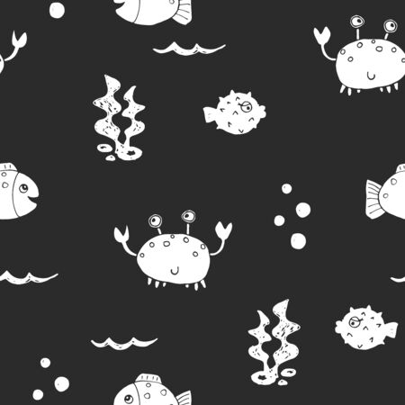Cute Crab and fishes Seamless Pattern, Cartoon Hand Drawn Animal Doodles Vector Illustration Background .のイラスト素材