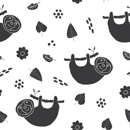 Cute Sloth Seamless Pattern, Cartoon Hand Drawn Animal Doodles Vector Illustration Background .のイラスト素材
