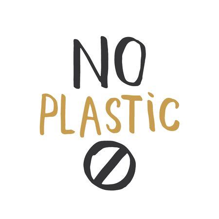 No Plastic Lettering label. Calligraphic Hand Drawn eco friendly sketch doodle. Vector illustration.のイラスト素材