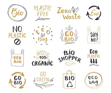 Eco and Bio Calligraphic Letterings Set. Lettering with eco friendly sketch doodle elements. Hand Drawn Vector illustration.のイラスト素材