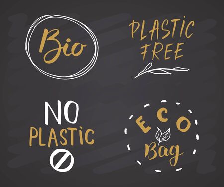 Eco and Bio Hand Drawn labels Set. Calligraphic Letterings with eco friendly sketch doodle elements. Vector illustration on chalkboard background.のイラスト素材