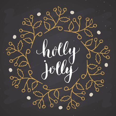 Merry Christmas Calligraphy Lettering Holly Jolly. Calligraphic Greetings Design. Vector illustration on chalkboard background.のイラスト素材