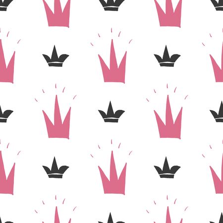Crown Seamless Pattern, hand drawn royal doodles background, Vector Illustration.のイラスト素材