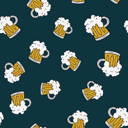Beer Mug Seamless Pattern, Hand Drawn doodle background. Vector illustration.のイラスト素材