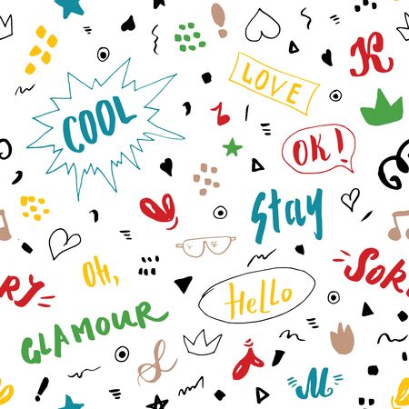 Doodle Seamless Pattern, hand drawn pop art signs and symbols background, Vector Illustration.のイラスト素材