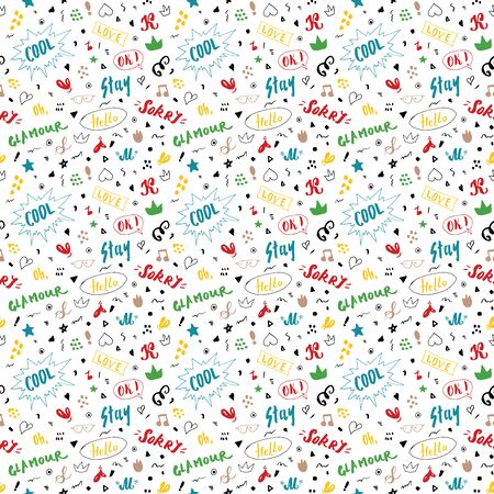 Doodle Seamless Pattern, hand drawn pop art signs and symbols background, Vector Illustration.のイラスト素材