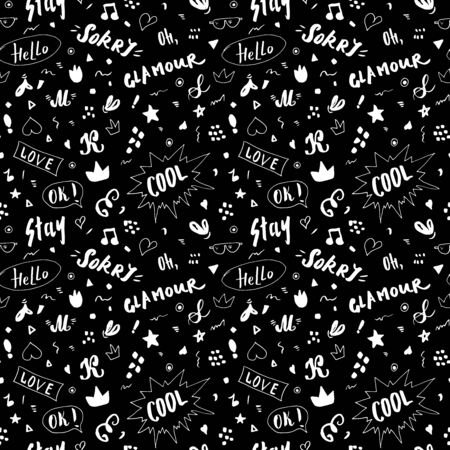 Doodle Seamless Pattern, hand drawn pop art signs and symbols background, Vector Illustration.のイラスト素材