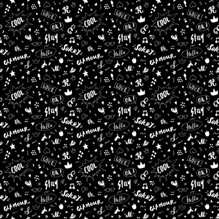 Doodle Seamless Pattern, hand drawn pop art signs and symbols background, Vector Illustration.のイラスト素材