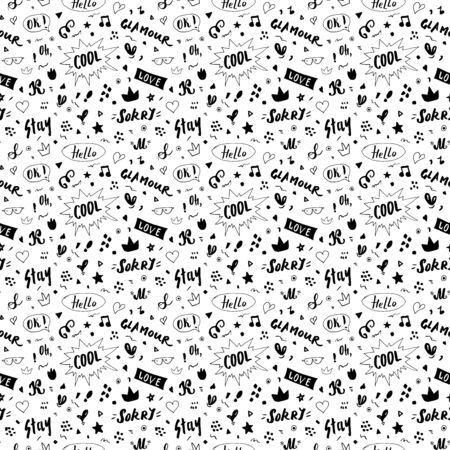 Doodle Seamless Pattern, hand drawn pop art signs and symbols background, Vector Illustration.のイラスト素材