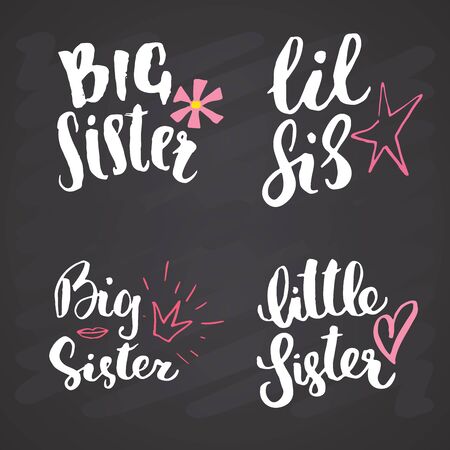 Sister calligraphic Lettering signs set, child nursery printable phrase set. Vector illustration on chalkboard background.のイラスト素材