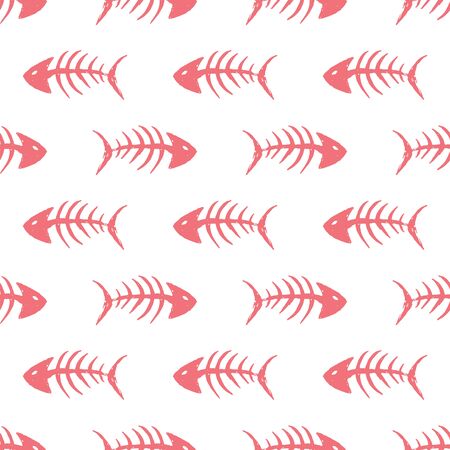 Fish bones Seamless pattern. Fish skeleton doodle, Hand drawn Cartoon Vector illustration.