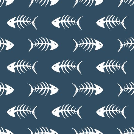 Fish bones Seamless pattern. Fish skeleton doodle, Hand drawn Cartoon Vector illustration.