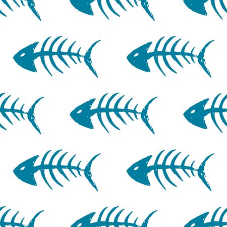 Fish bones Seamless pattern. Fish skeleton doodle, Hand drawn Cartoon Vector illustration.のイラスト素材