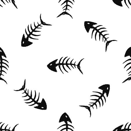 Fish bones Seamless pattern. Fish skeleton doodle, Hand drawn Cartoon Vector illustration.