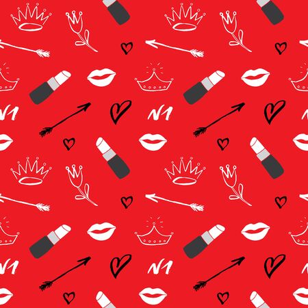 Lipstick seamless pattern, hand drawn fashion and beauty items, vector illustration.のイラスト素材