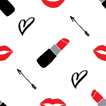 Lipstick seamless pattern, hand drawn fashion and beauty elements, vector illustration.のイラスト素材