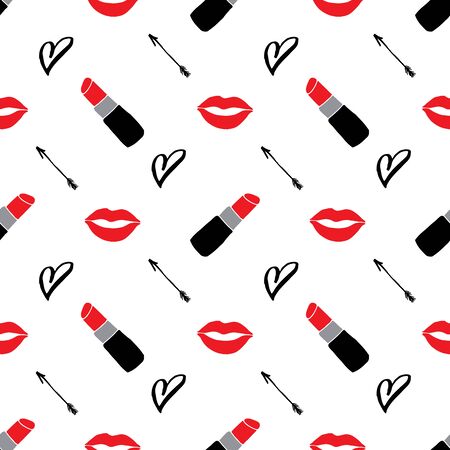 Lipstick seamless pattern, hand drawn fashion and beauty elements, vector illustration.のイラスト素材