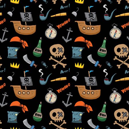 Pirate Doodles Seamless pattern. Cute pirate items sketch. Hand drawn Cartoon Vector illustration.のイラスト素材
