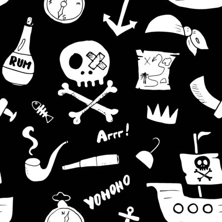 Pirate Doodles Seamless pattern. Cute pirate items sketch. Hand drawn Cartoon Vector illustration.のイラスト素材
