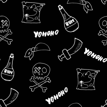 Pirate Doodles Seamless pattern. Cute pirate items sketch. Hand drawn Cartoon Vector illustration.のイラスト素材