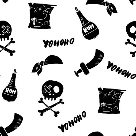 Pirate Doodles Seamless pattern. Cute pirate items sketch. Hand drawn Cartoon Vector illustration.のイラスト素材