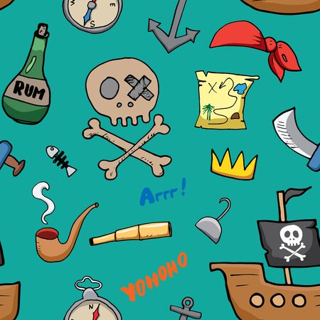 Pirate Doodles Seamless pattern. Cute pirate items sketch. Hand drawn Cartoon Vector illustration.のイラスト素材