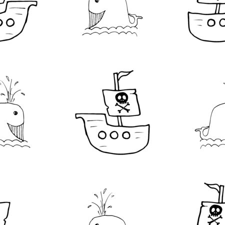 Pirate boat and whale Seamless pattern. Cute Doodles pirate sketch. Hand drawn Cartoon Vector illustration.のイラスト素材