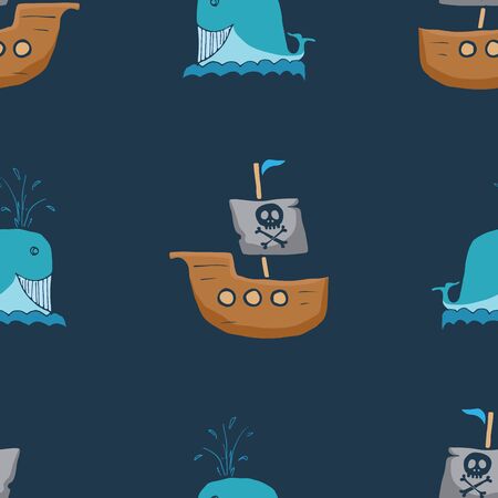 Pirate boat and whale Seamless pattern. Cute Doodles pirate sketch. Hand drawn Cartoon Vector illustration.のイラスト素材
