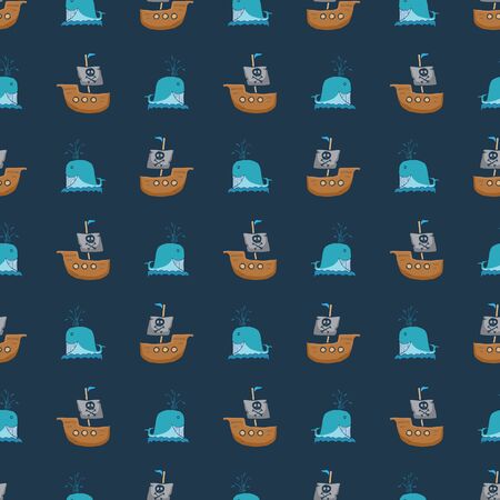 Pirate boat and whale Seamless pattern. Cute Doodles pirate sketch. Hand drawn Cartoon Vector illustration.のイラスト素材