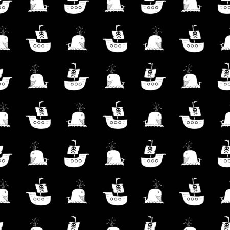 Pirate boat and whale Seamless pattern. Cute Doodles pirate sketch. Hand drawn Cartoon Vector illustration.のイラスト素材