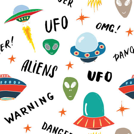 Ufo and aliens Seamless pattern. Cute Doodles space ships sketch. Hand drawn Cartoon Vector...