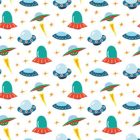 Ufo and aliens Seamless pattern. Cute Doodles space ships sketch. Hand drawn Cartoon Vector illustration.のイラスト素材