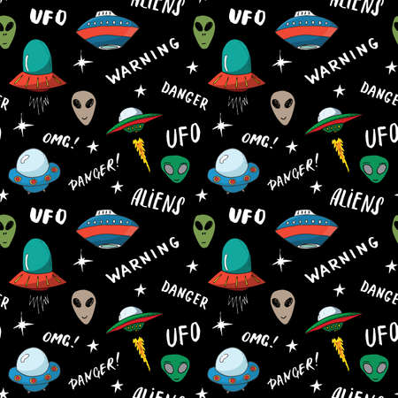 Ufo and aliens Seamless pattern. Cute Doodles space ships sketch. Hand drawn Cartoon Vector illustration.のイラスト素材